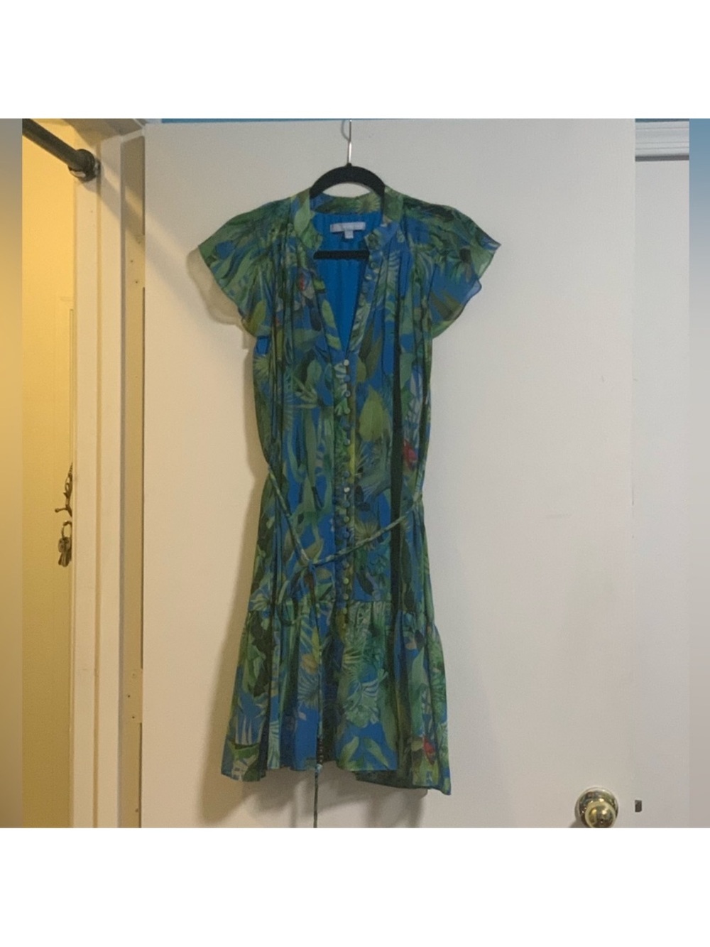 ANTONIO MELANI Blue and Green Tropical Print Tiered Dress - Picture 7 of 11